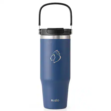 Front. Buzio - Insulated Tumbler with 2-in-1 Lid and Straw - Fits in Cup Holder - 32oz Navy Blue.
