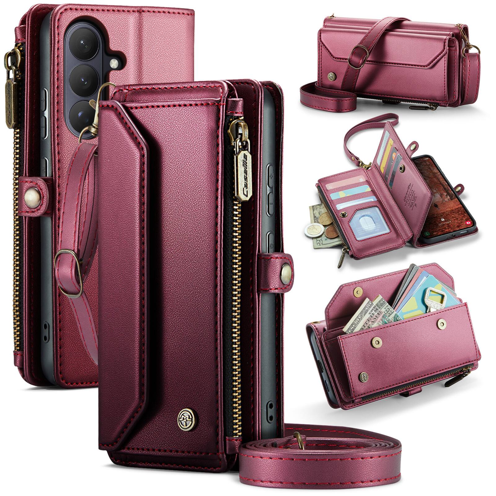 Angle. Dteck - Wallet Case for Samsung Galaxy S26, PU Leather RFID Blocking Card Holder Kickstand Cover with Crossbody Strap - Winered.