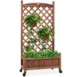 Best Choice Products - 60in Mobile Wood Planter Box & Diamond Lattice Trellis, w/ Drainage Holes, Optional Wheels - Walnut - Brown