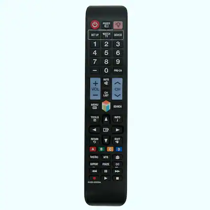 SOURCE: UNIVERSAL REMOTE SET UP WATCH DEVICE TV 1 4 7 - 2 5 8 0 3 6 9 PRE-CH MUTE + VOL CH LIST CH MENU 00 SEARCH TOOLS INFO RETURN EXIT P- A B C D Family Story MTS SUPPORT 1 P.SIZE cC . AA59-00559A
