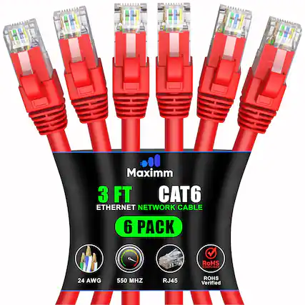 Maxim 3 FT CAT6 Ethernet Network Cable 6 Pack
RoHS Compliant
24 AWG
550 MHz
RJ45
RoHS Verified