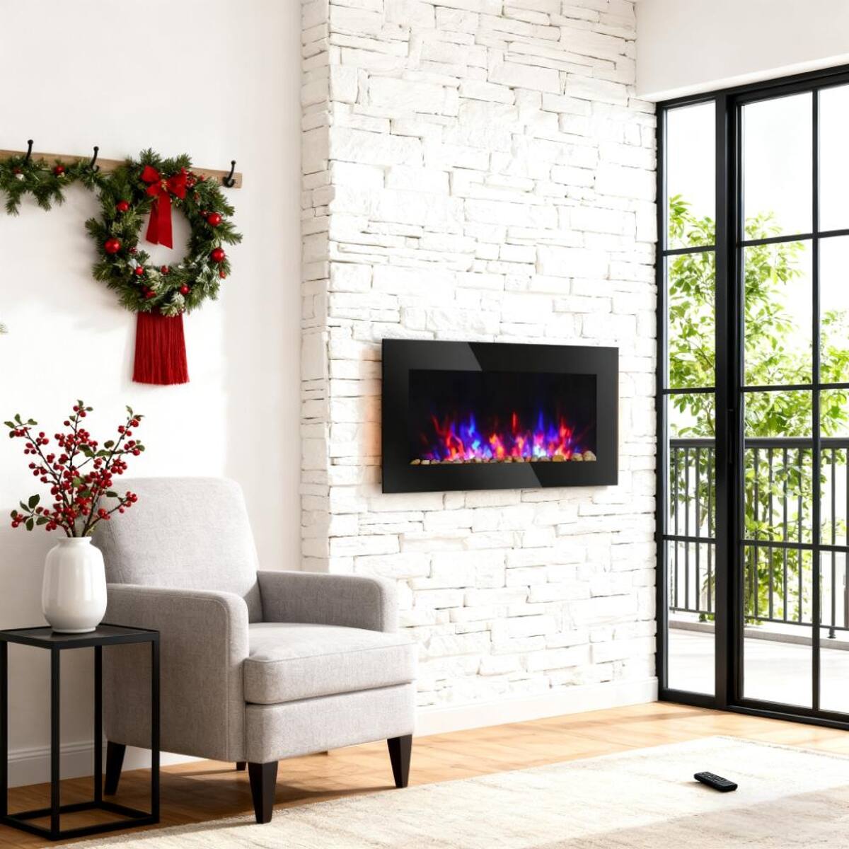 Alt View 5. Loheer - Loheer Wall Mounted Electric Fireplace with 7 Color Flame Effect and Pebble Display, 36-Inch Black - Black.