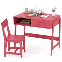 Costway - Kids Desk and Chair Set with Storage Drawer and Hutch, Student Writing Desk Set - Pink