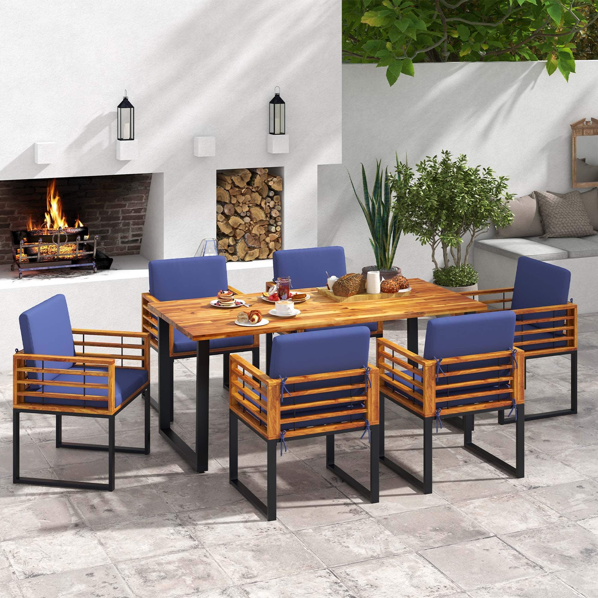 Costway - 7pcs Patio Acacia Wood Dining Chair & Table Set Heavy-Duty Space-Saving Outdoor - Natural/Black/Navy Blue