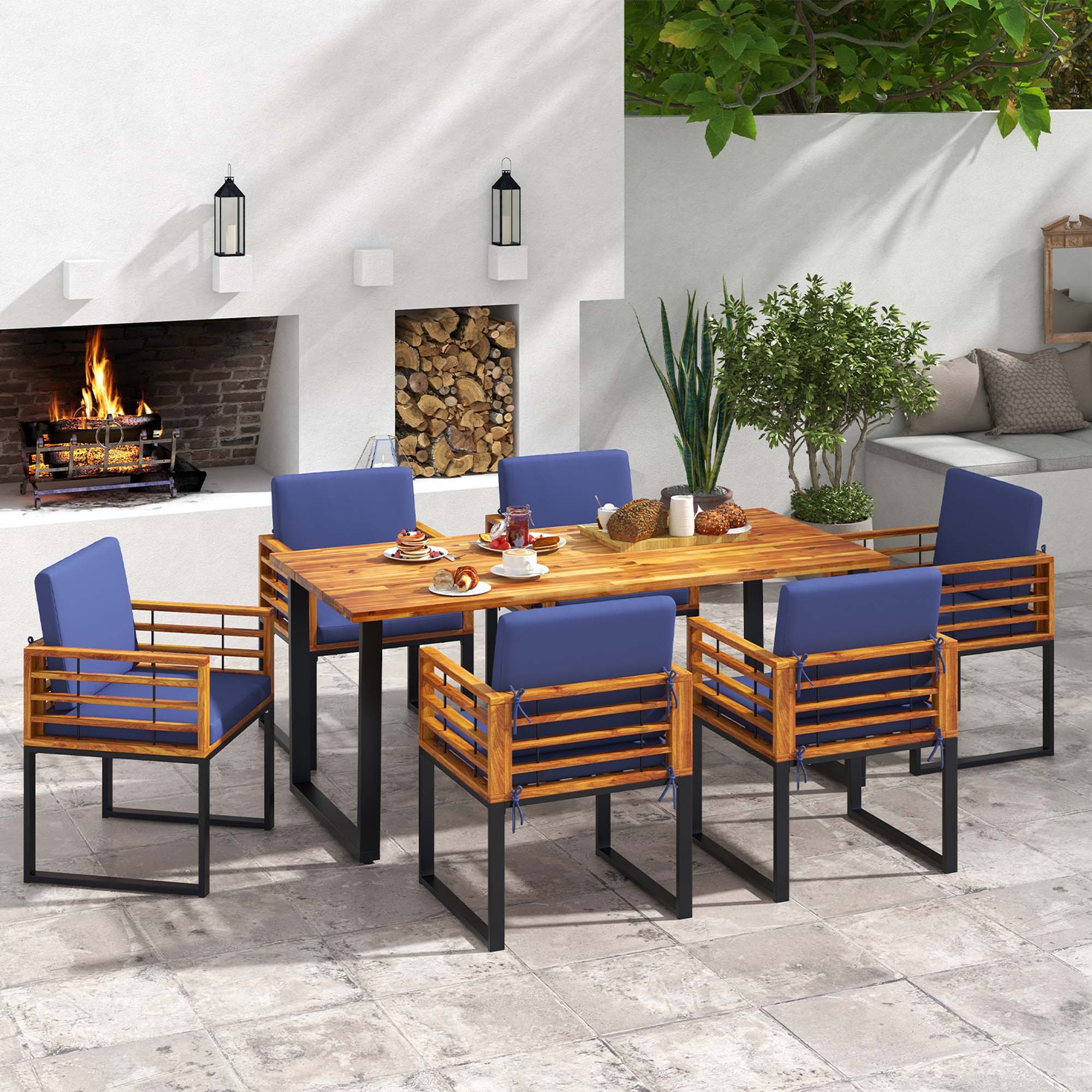 Alt View 1. Costway - Costway 7pcs Patio Acacia Wood Dining Chair & Table Set Heavy-Duty Space-Saving Outdoor - Natural,Black,Navy Blue.