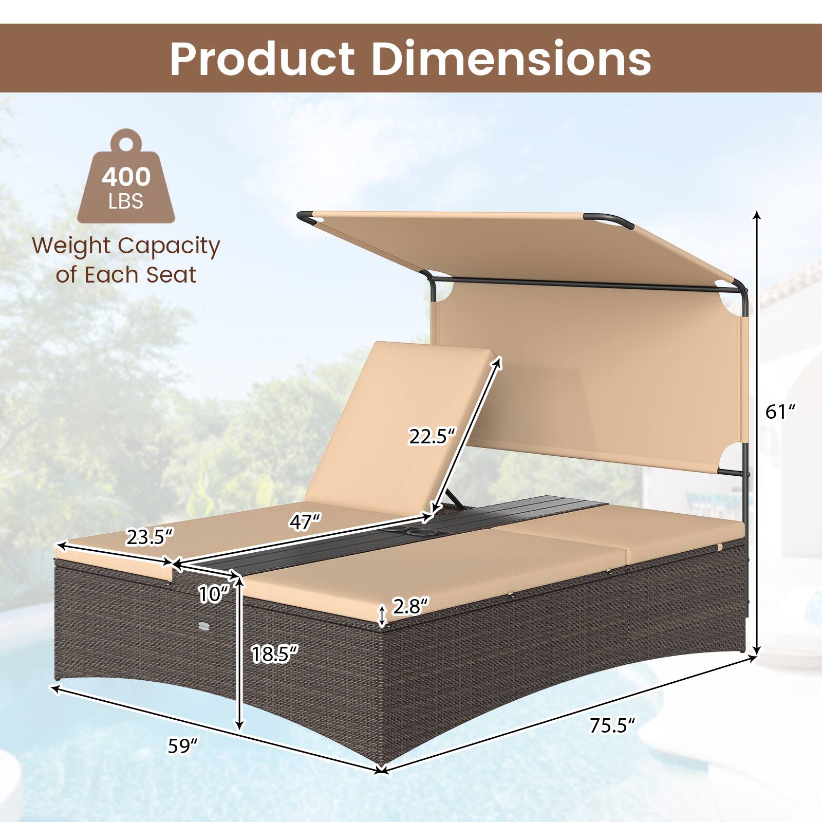 Product Dimensions

Weight Capacity of Each Seat: 400 LBS

- 22.5"
- 61"
- 23.5"
- 47"
- 10"
- 2.8"
- 18.5"
- 59"
- 75.5"