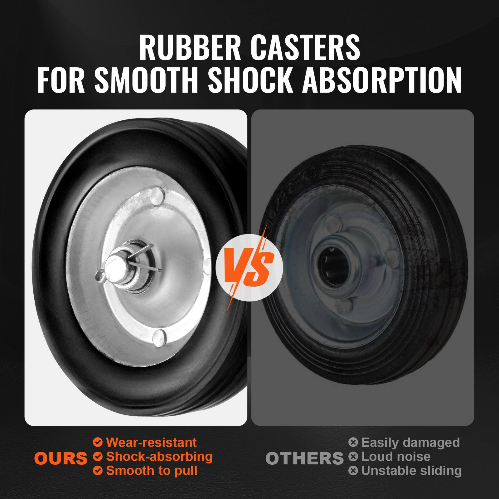 RUBBER CASTERS FOR SMOOTH SHOCK ABSORPTION

OURS
- Wear-resistant
- Shock-absorbing
- Smooth to pull

VS

OTHERS
- Easily damaged
- Loud noise
- Unstable sliding