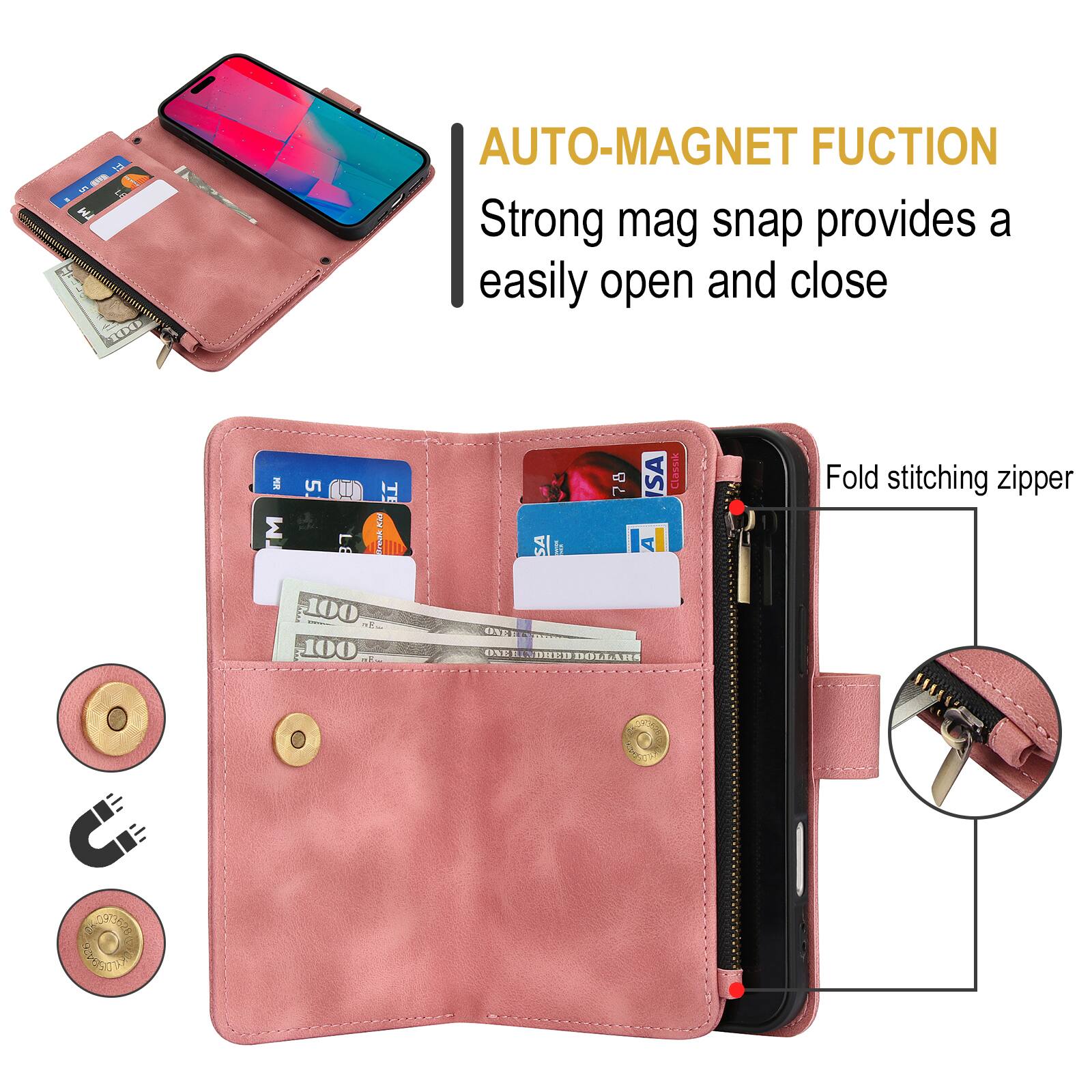 AUTO-MAGNET FUNCTION  
Strong mag snap provides a easily open and close  

Fold stitching zipper