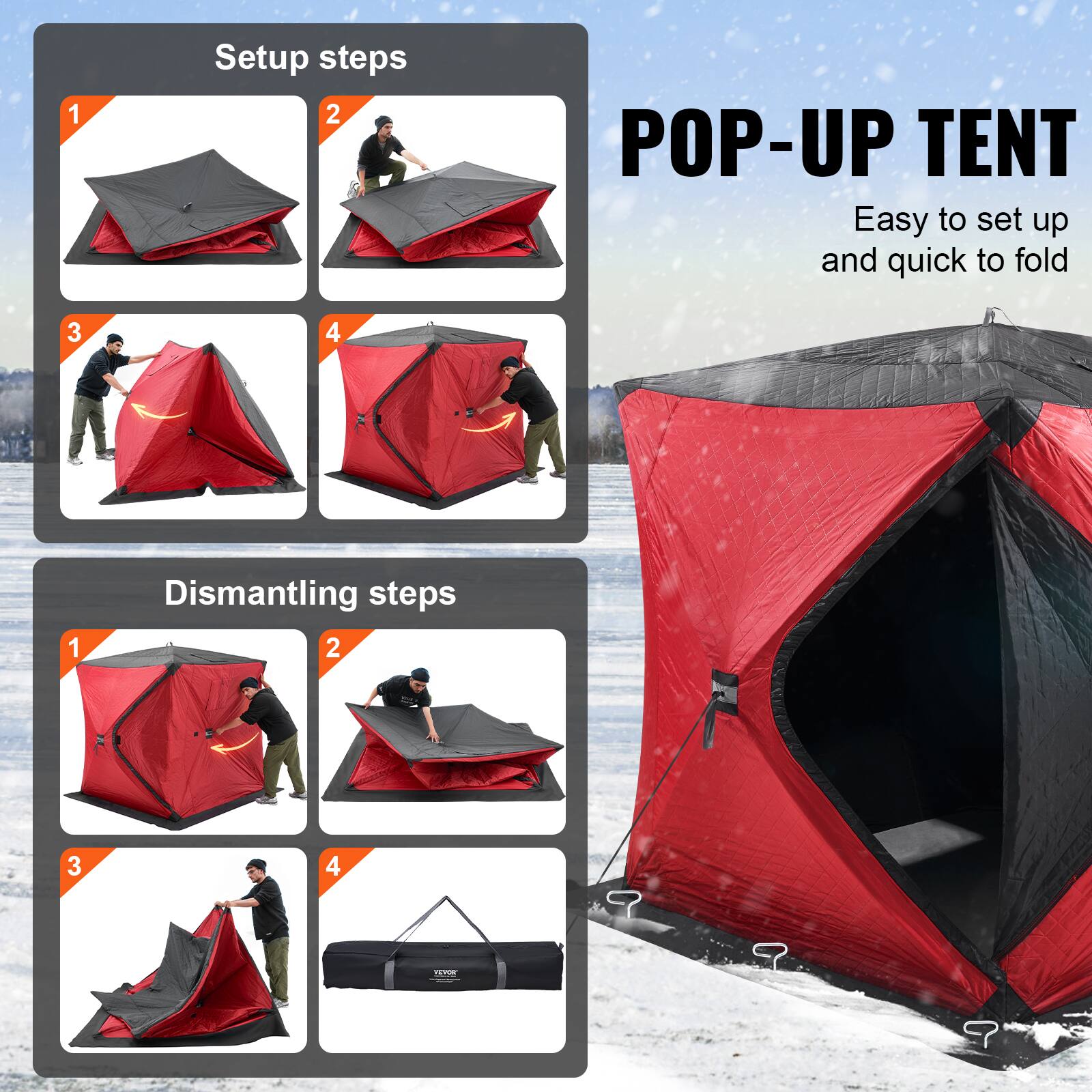 Setup steps

1. [Image of tent partially set up]
2. [Image of tent being unfolded]
3. [Image of tent being adjusted]
4. [Image of fully set up tent]

POP-UP TENT
Easy to set up and quick to fold

Dismantling steps

1. [Image of tent being folded]
2. [Image of tent being collapsed]
3. [Image of tent being folded further]
4. [Image of fully folded tent in a bag]