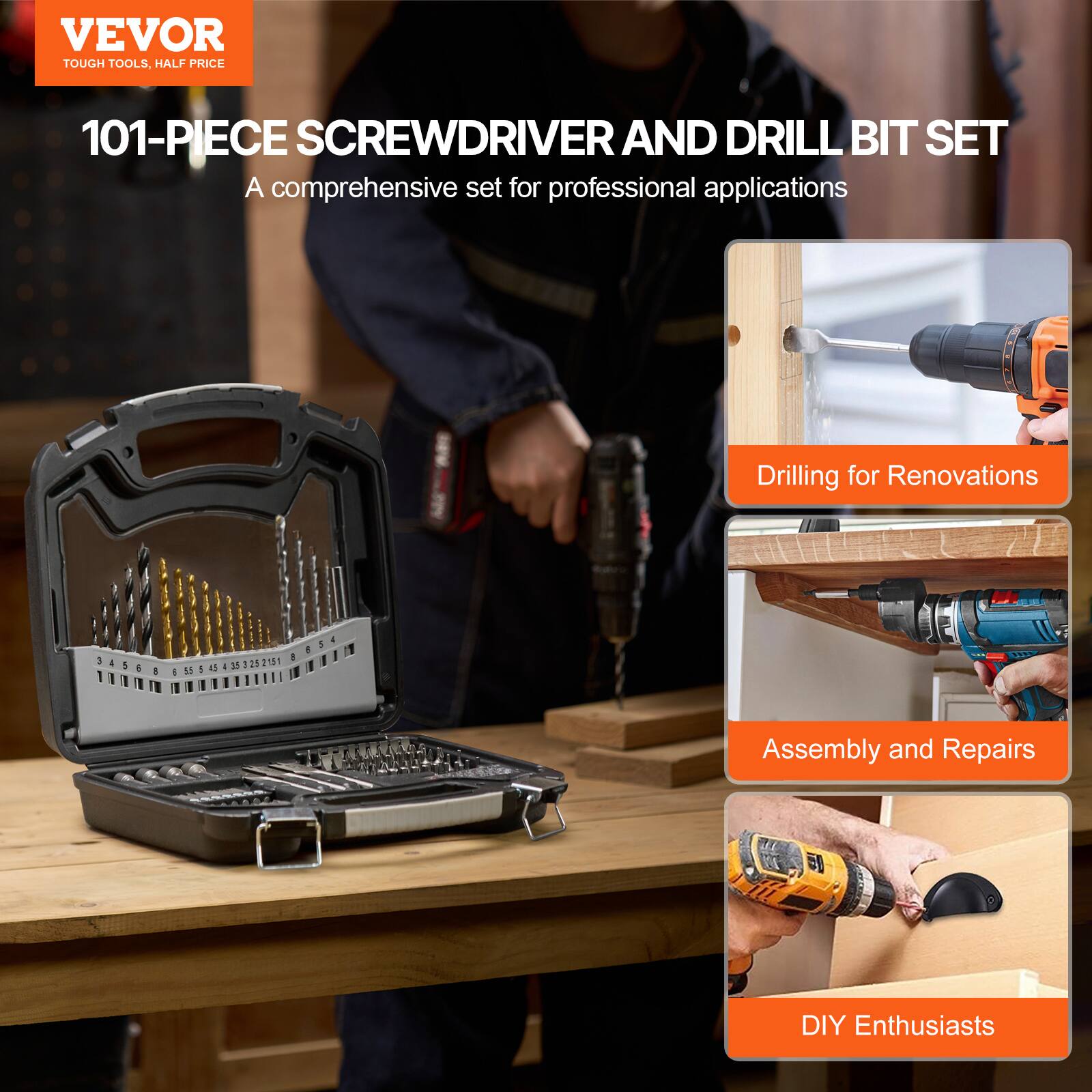 VEVOR  
TOUGH TOOLS, HALF PRICE  

101-PIECE SCREWDRIVER AND DRILL BIT SET  
A comprehensive set for professional applications  

- Drilling for Renovations  
- Assembly and Repairs  
- DIY Enthusiasts