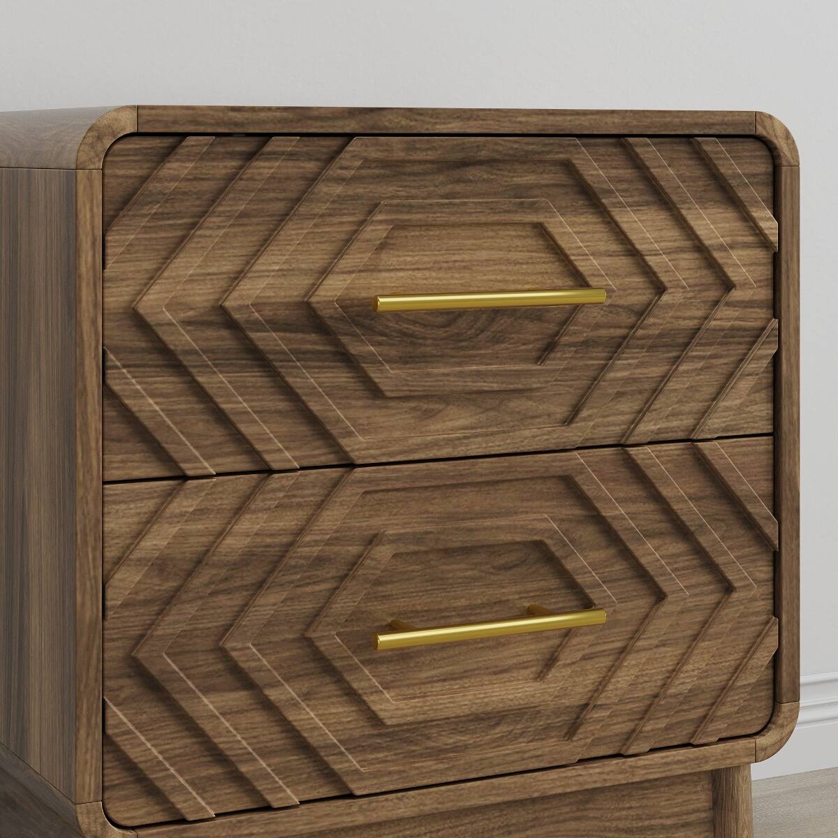 Alt View 8. Loheer - Loheer Walnut Bedside Table, Two Drawer Nightstand with Solid Wood Legs for Bedroom - Walnut.