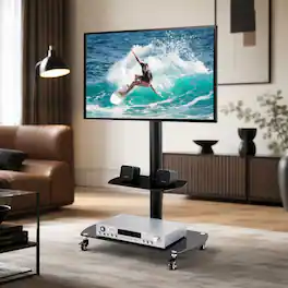 RYHNUYNE - Multi-Function Adjustable TV Stand, Tempered Glass Metal Frame Cart With 2-Tier Shelves - Black