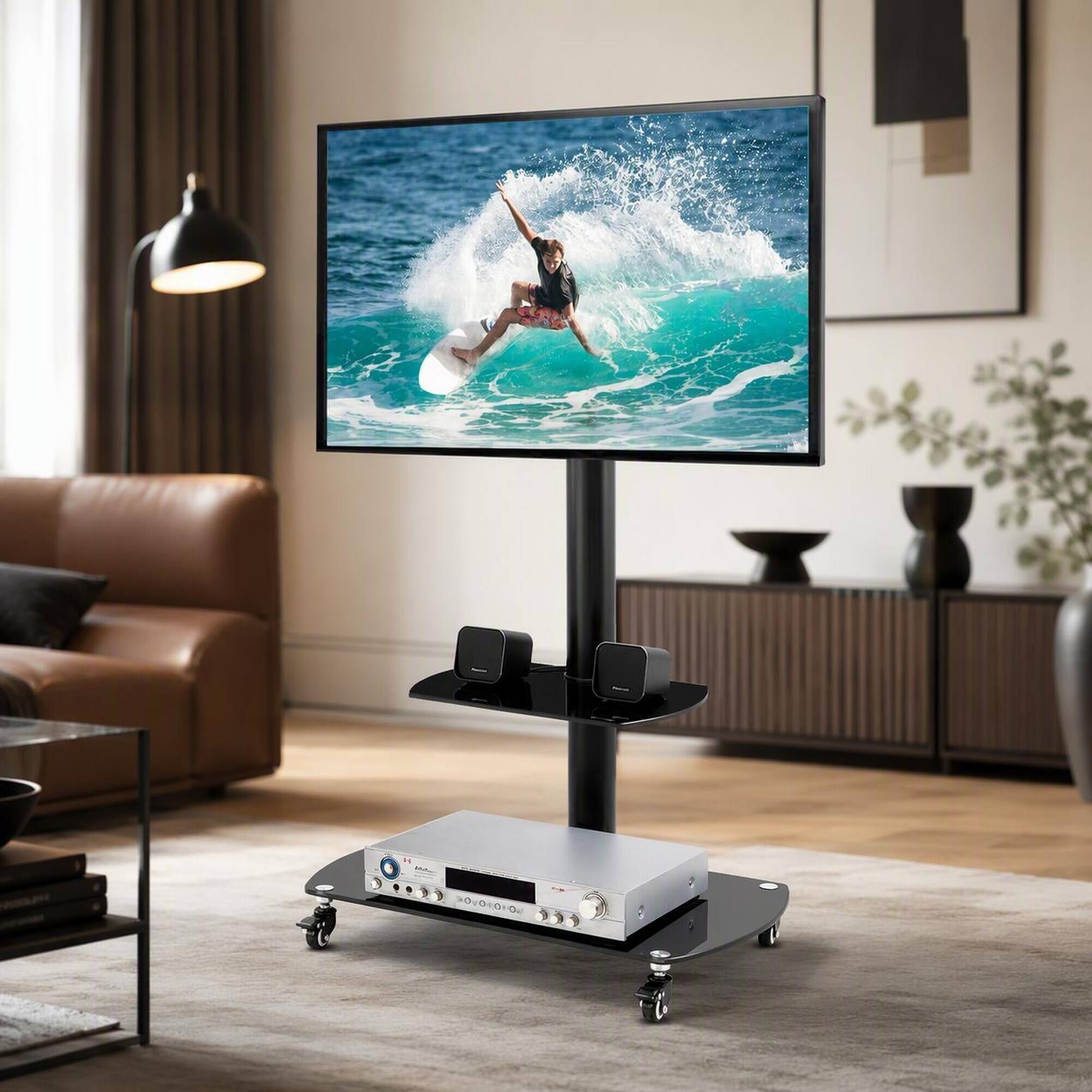 Front. RYHNUYNE - Multi-Function Adjustable TV Stand, Tempered Glass Metal Frame Cart With 2-Tier Shelves - Black.