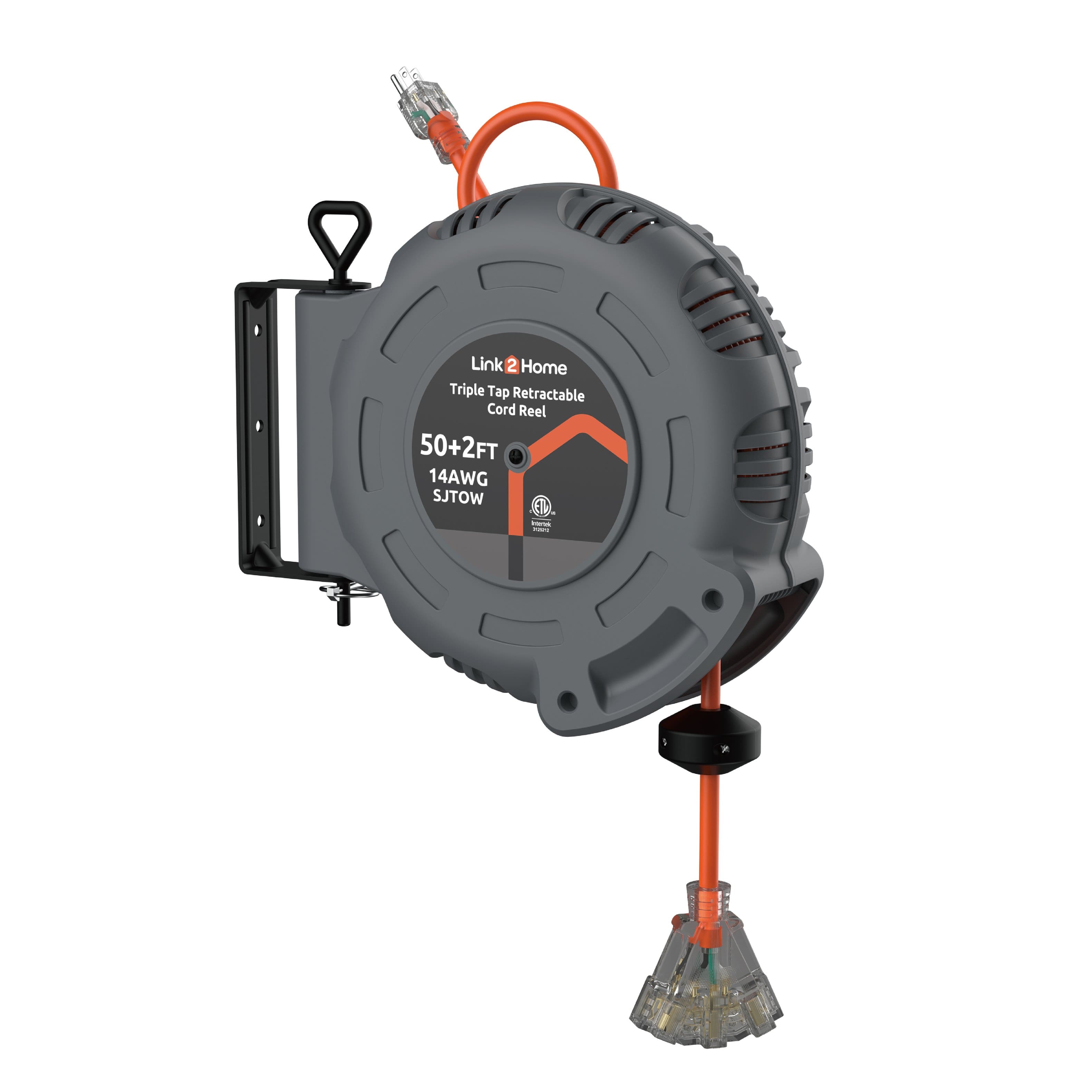 Link2Home - 50 Ft Retractable Extension Cord Reel, Ceiling/Wall Mount 14/3 Gauge Power Cord with 3 Electrical Outlets - Gray