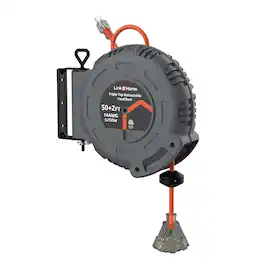 Link2Home - 50 Ft Retractable Extension Cord Reel, Ceiling/Wall Mount 14/3 Gauge Power Cord with 3 Electrical Outlets - Gray
