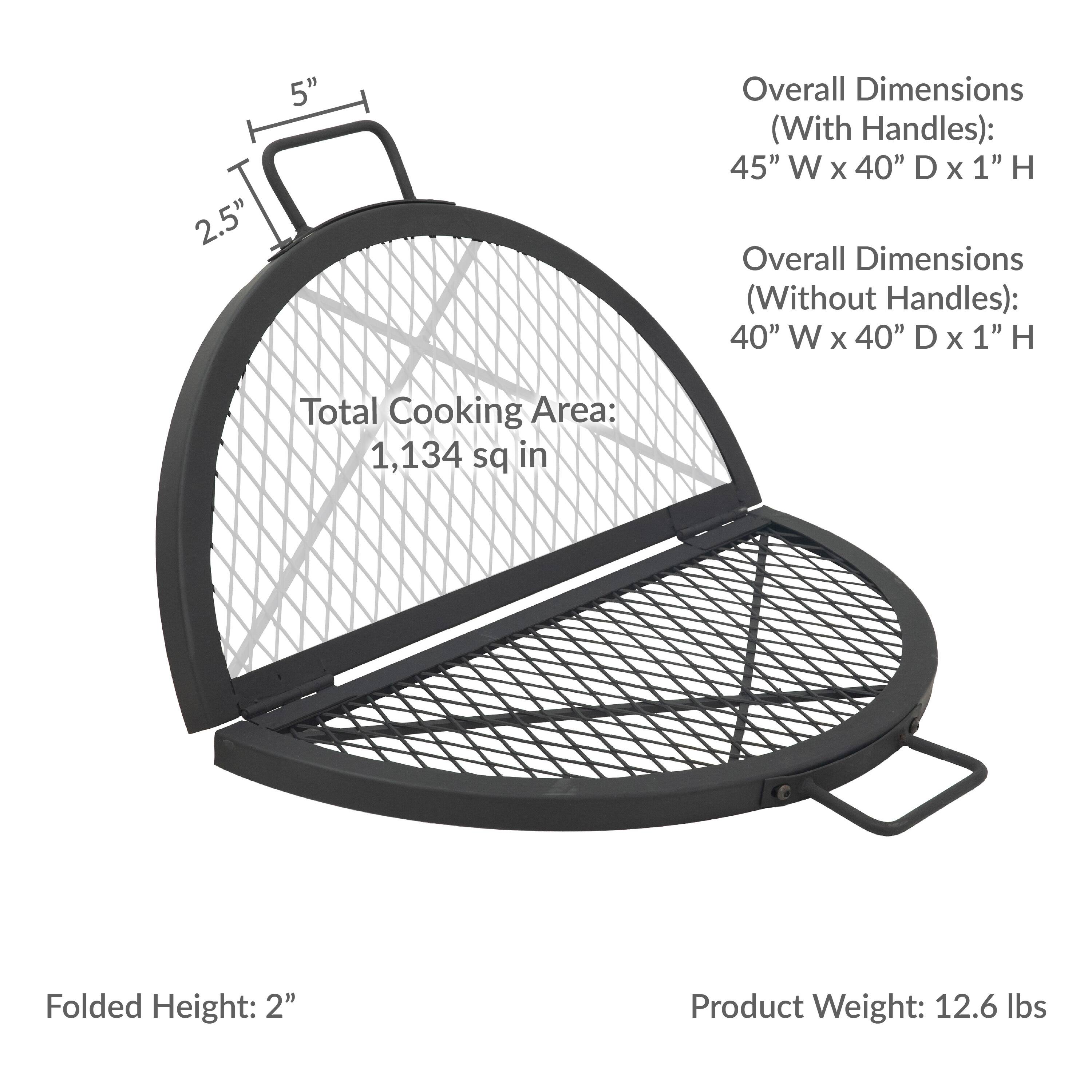 2.5" 5" Overall Dimensions (With Handles): 45" W x 40" D x 1" H Overall Dimensions (Without Handles): 40" W x 40" D x 1" H Total Cooking Area: 1,134 sq in Folded Height: 2" Product Weight: 12.6 lbs