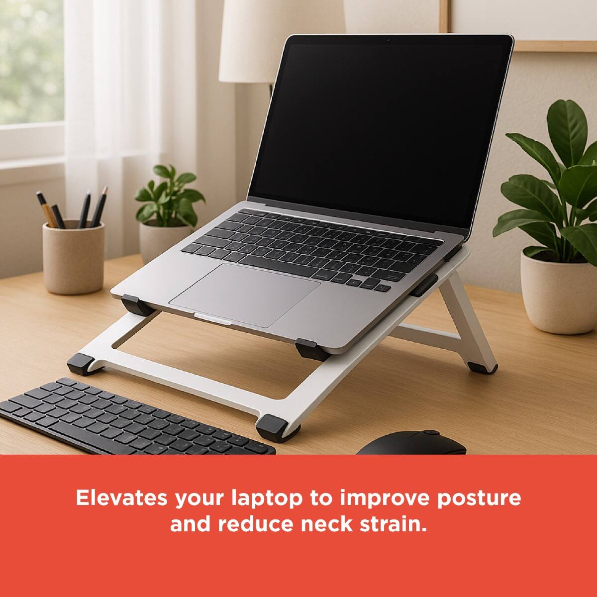 Elevates your laptop to improve posture and reduce neck strain.