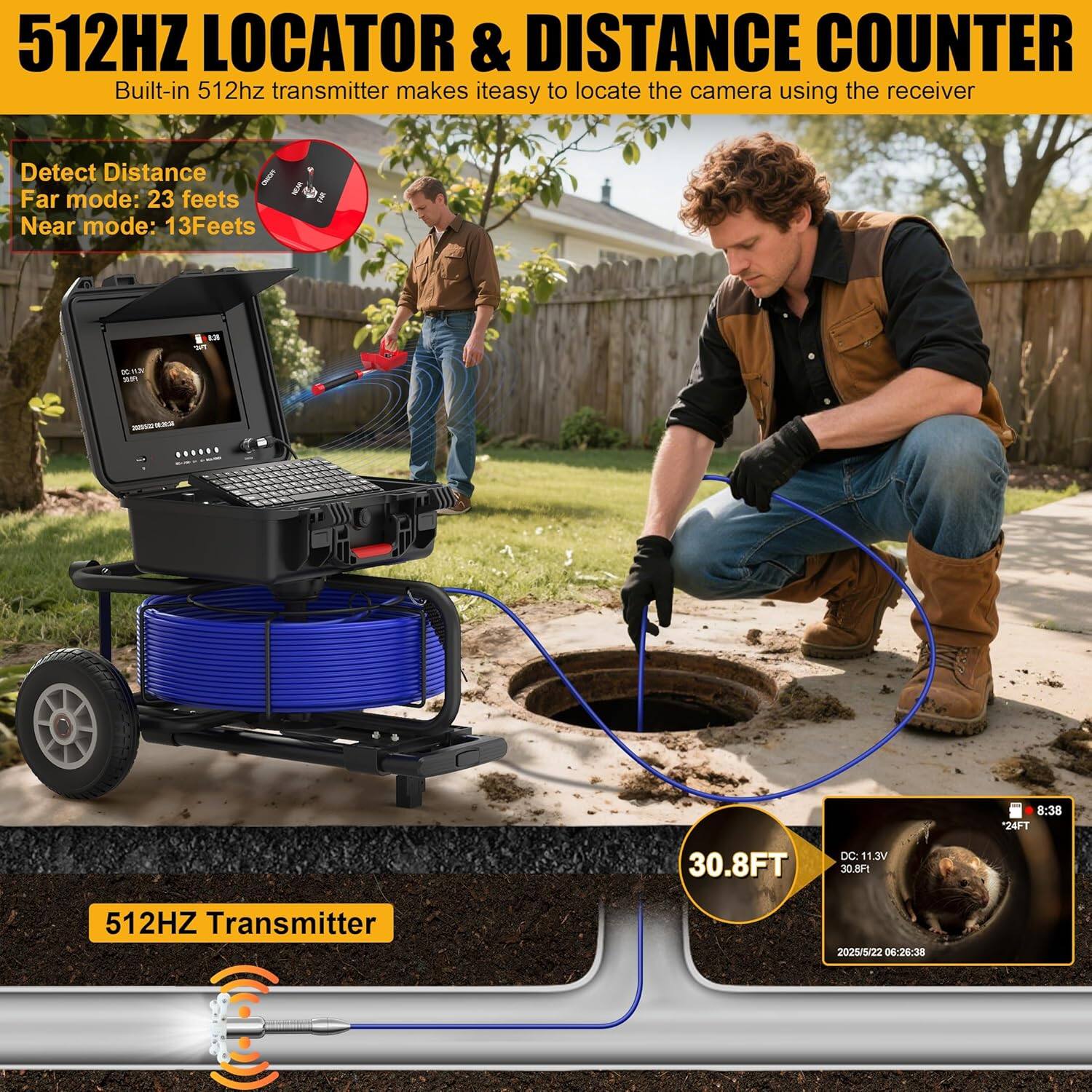 Alt View 5. Aukfa - Sewer Camera with Locator - 10" HD Borescope, Self-Leveling, IP68, 250Ft 7MM Cable, DVR, 5X Zoom.