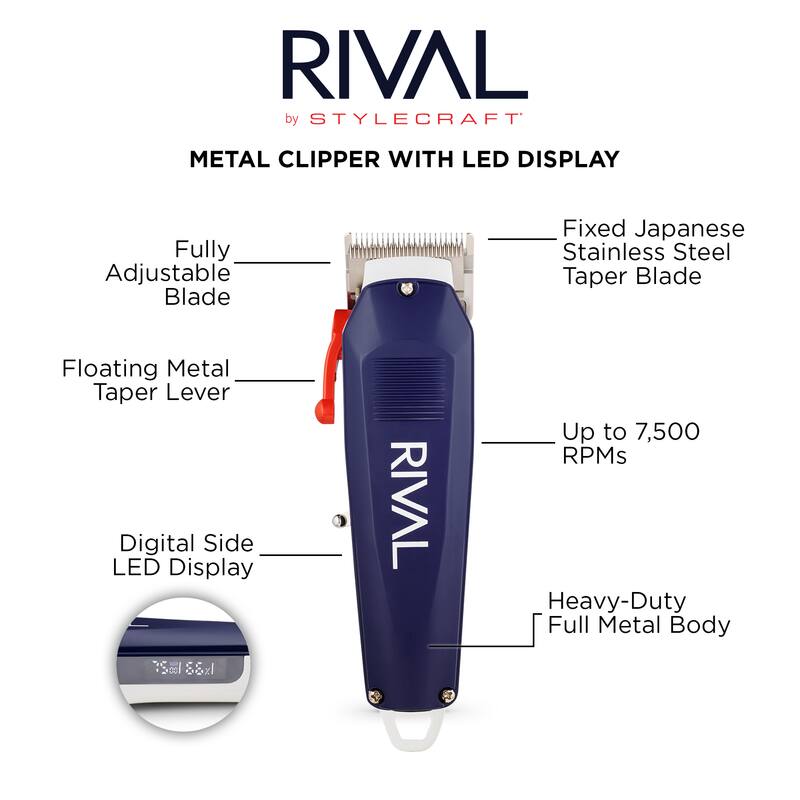 RIVAL by STYLECRAFT METAL CLIPPER WITH LED DISPLAY

- Fully Adjustable Blade
- Fixed Japanese Stainless Steel Taper Blade
- Floating Metal Taper Lever
- Digital Side LED Display
- Up to 7,500 RPMs
- Heavy-Duty Full Metal Body