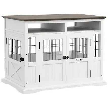 Front. Pawhut - Dog Crate Furniture Side End Table with Storage, 41" Modern Wooden Dog Kennel with Double Doors.