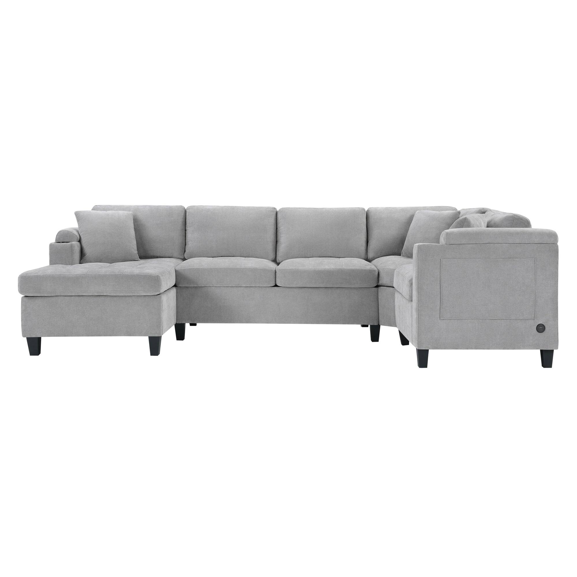 Boyel Living - Modern U-shaped Sectional Sofa 115.7 inch with Built-in Cup Holders Storage Space and USB Ports in Light Gray - Light Gray