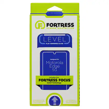 FORTRESS SCREEN PROTECTION LEVEL FLAT TEMPERED GLASS designed for Motorola Edge 5G Includes Our FORTRESS FOCUS Install Technology SCREEN PROTECTOR WITH FORTRESS FOCUS to INSTALL PULL HERE FOR MORE INFO LIFETIME WARRANTY STAY CLEAN COATING IMPACT PROTECTION