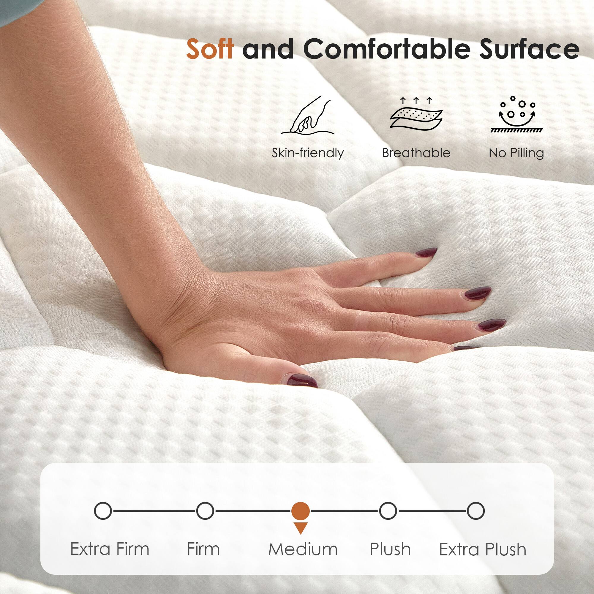Soft and Comfortable Surface

- Skin-friendly
- Breathable
- No Pilling

Extra Firm | Firm | Medium | Plush | Extra Plush