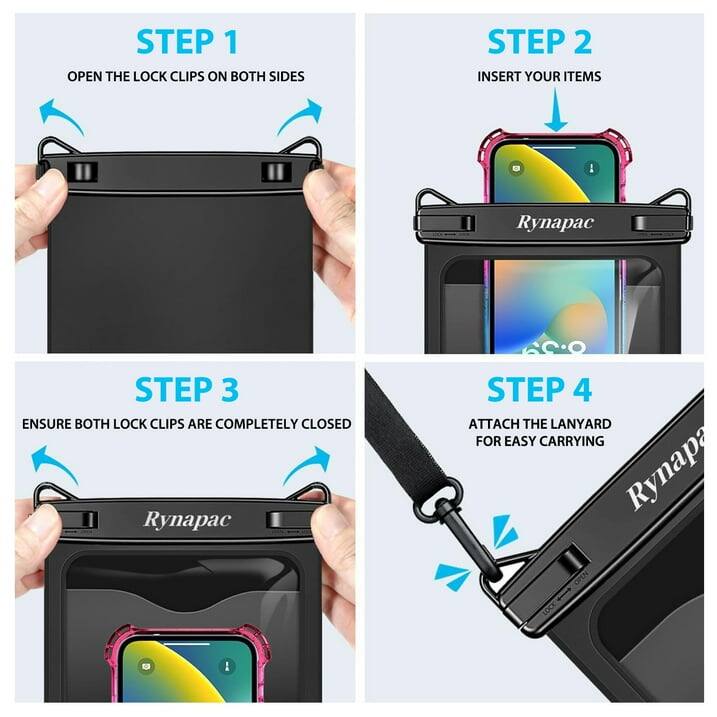 STEP 1: OPEN THE LOCK CLIPS ON BOTH SIDES  
STEP 2: INSERT YOUR ITEMS  
STEP 3: ENSURE BOTH LOCK CLIPS ARE COMPLETELY CLOSED  
STEP 4: ATTACH THE LANYARD FOR EASY CARRYING