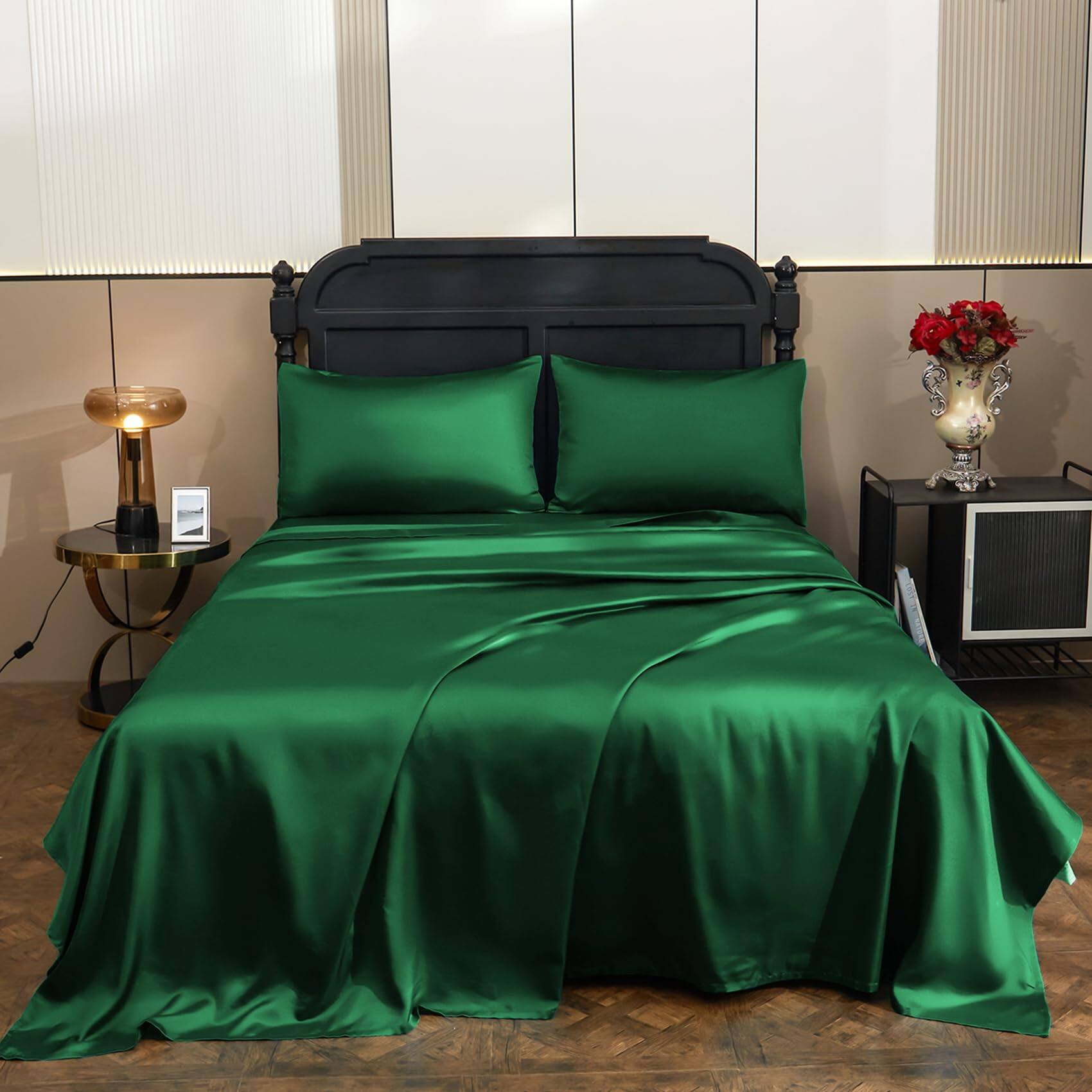 Alt View 5. MAGICAL RUBS - Green Satin Sheet Set Full Size 4 Piece Silky Bed Sheets Extra Deep Pocket Good For Hair And Skin 4 Piece Satin Sheet... - Orange Full.