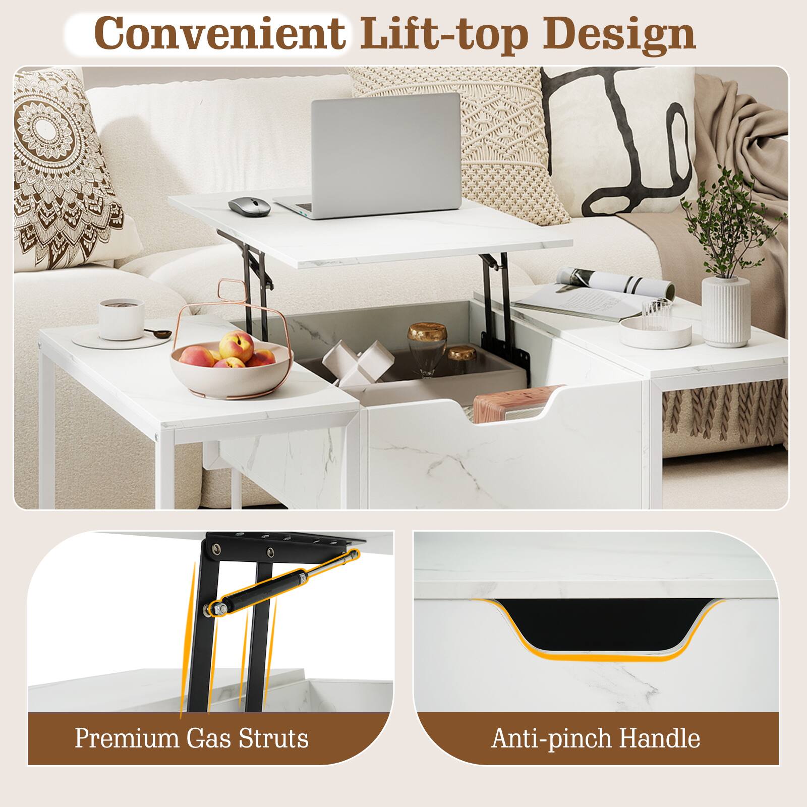 Convenient Lift-top Design

Premium Gas Struts

Anti-pinch Handle
