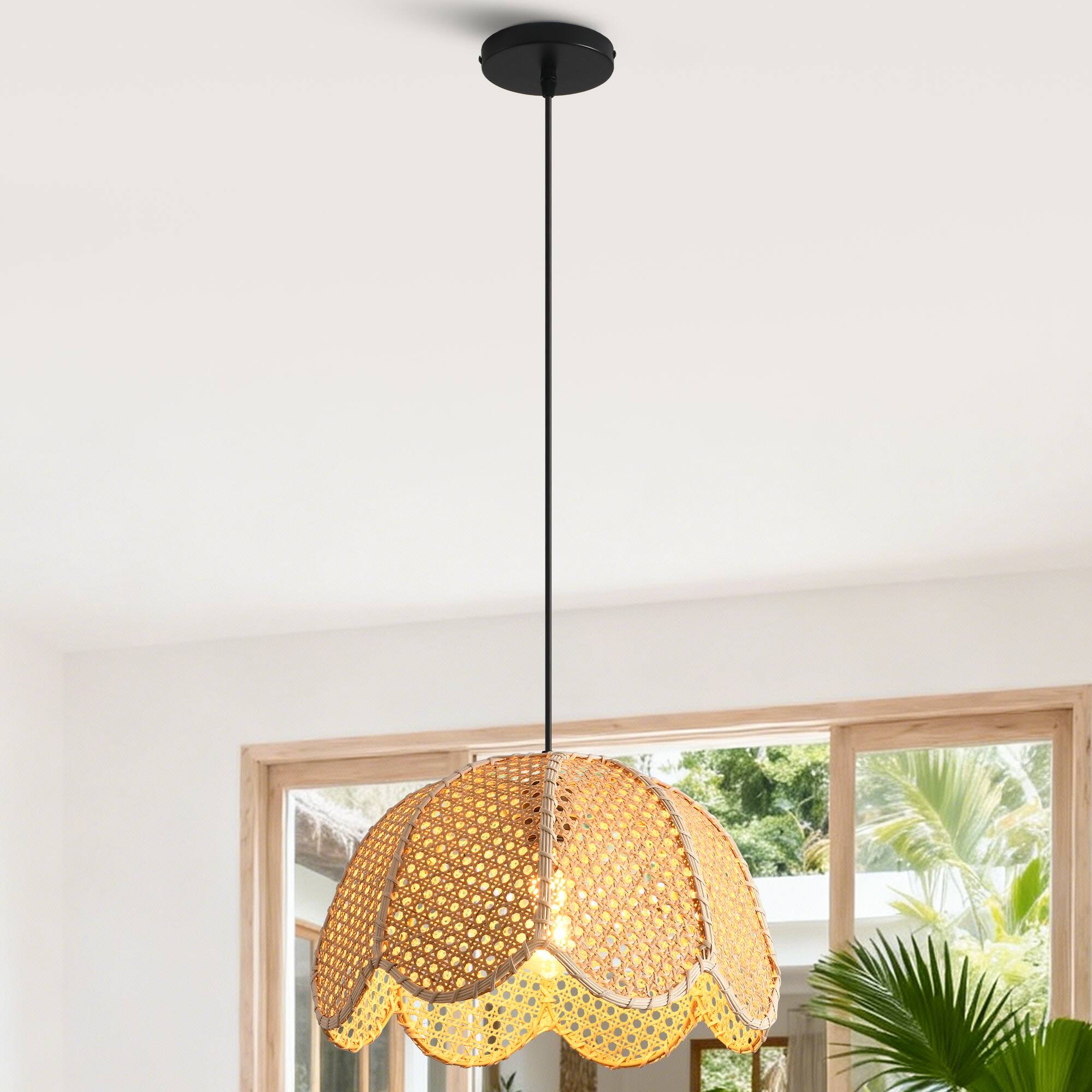 Alt View 2. Parrot Uncle - 1-Light Farmhouse Flower Shaped Brown Hand-Woven Natural Rattan Hanging Pendant Light.