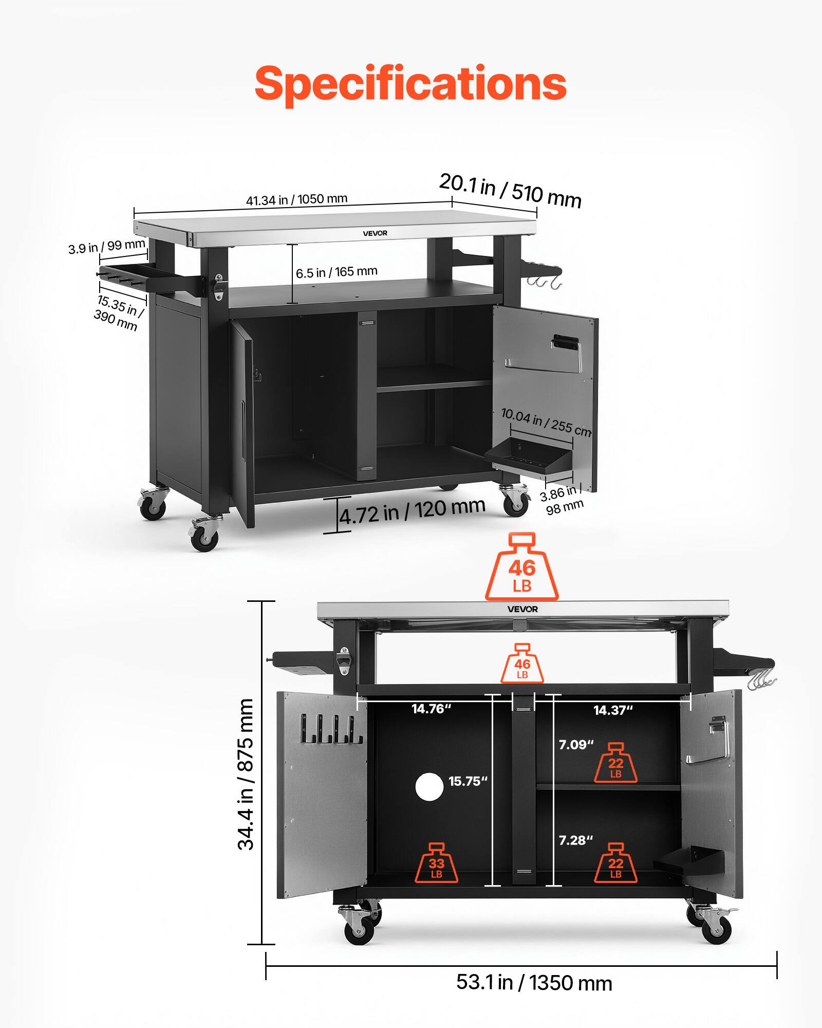 Specifications

- 3.9 in / 99 mm
- 15.35 in / 390 mm
- 20.1 in / 510 mm
- 41.34 in / 1050 mm
- 6.5 in / 165 mm
- 10.04 in / 255 cm
- 4.72 in / 120 mm
- 3.86 in / 98 mm
- 34.4 in / 875 mm
- 14.76 in
- 14.37 in
- 7.09 in / 22 LB
- 7.28 in / 22 LB
- 15.75 in
- 53.1 in / 1350 mm

- 46 LB
- 46 LB
- 33 LB