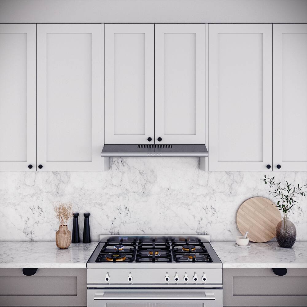 Left. Streamline - 30 in. Giovanni Convertible Undermount 80 CFM Range Hood, Mesh Filters, Push Button Control, LED Light - Brushed Stainless Steel.