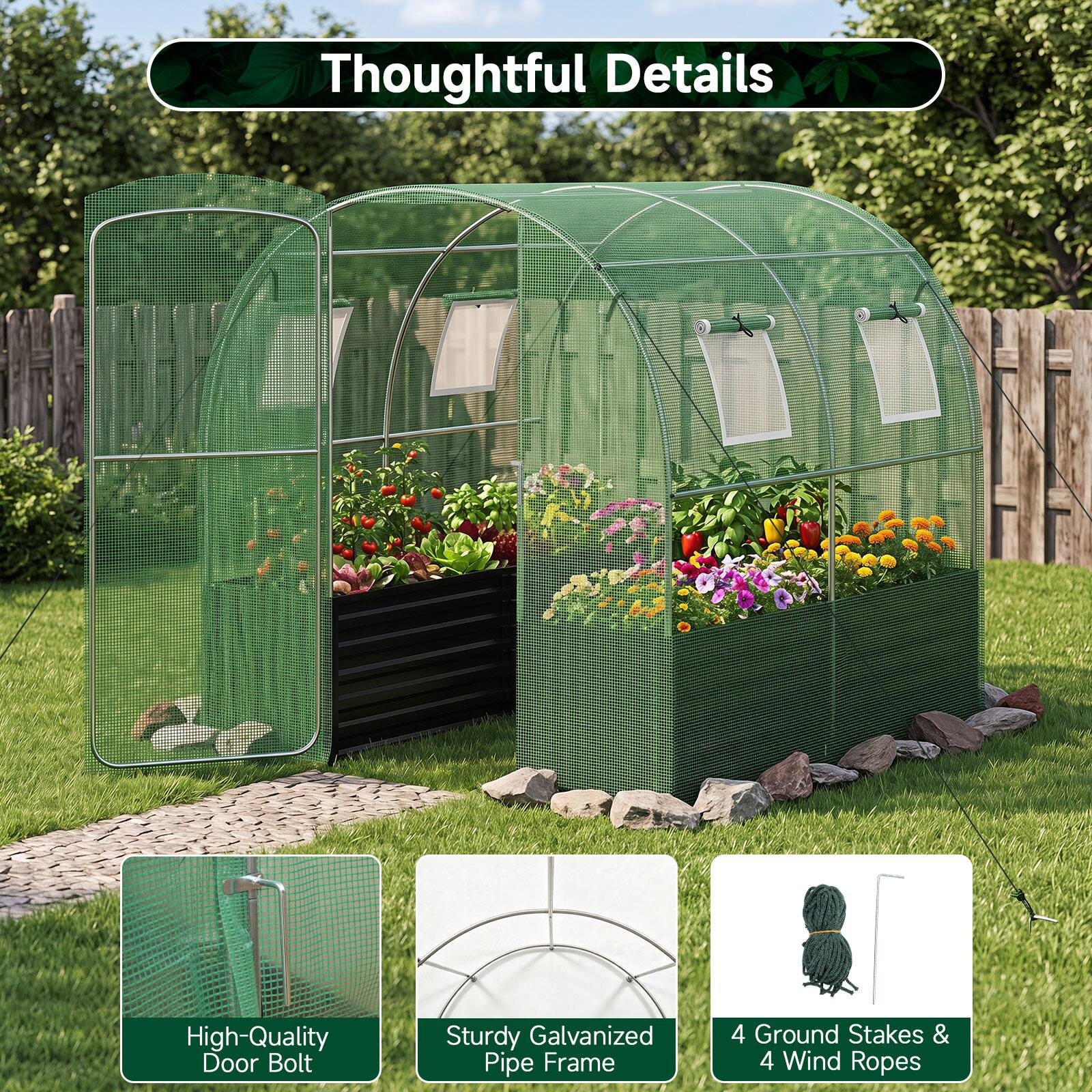Thoughtful Details
High-Quality Door Bolt
Sturdy Galvanized Pipe Frame
4 Ground Stakes & 4 Wind Ropes