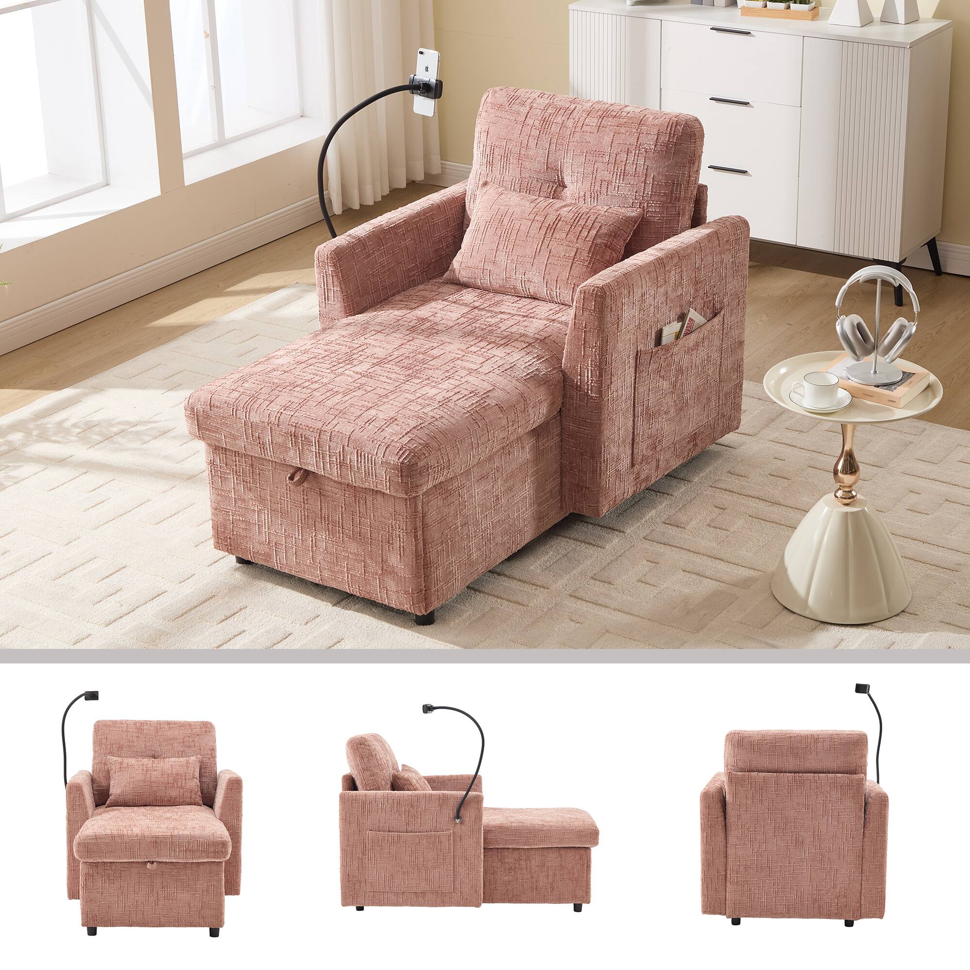 Alt View 5. Trinkets Crazed - Lazy Person Sofa Couch, Multifunctional Chenille Single Leisure Chair with Storage Backrest, Cell Phone Bracket - Pink.