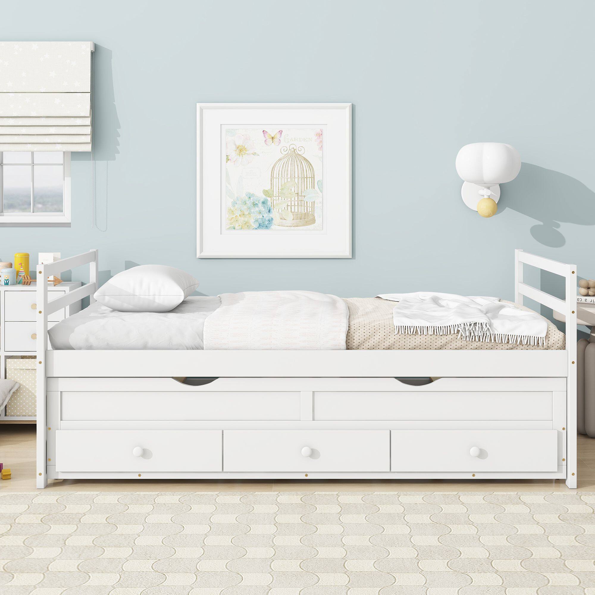 Mirfee - Twin Size Bed with Headboard, Footboard, Trundle, 3 Storage Drawers, Pine Wood, Grey - White