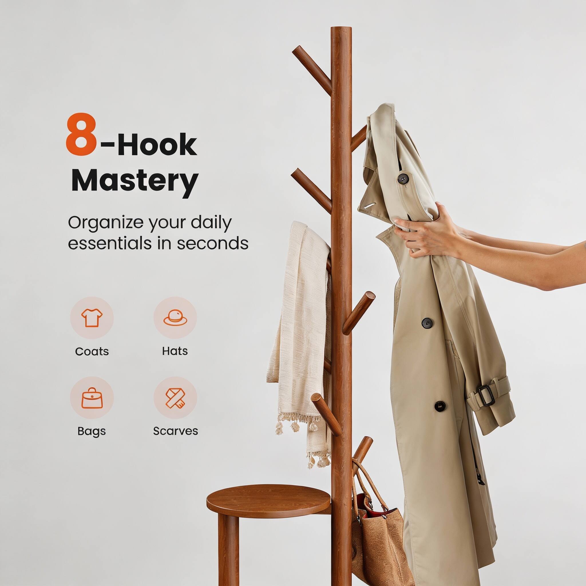 8-Hook Mastery  
Organize your daily essentials in seconds  

- Coats  
- Hats  
- Bags  
- Scarves
