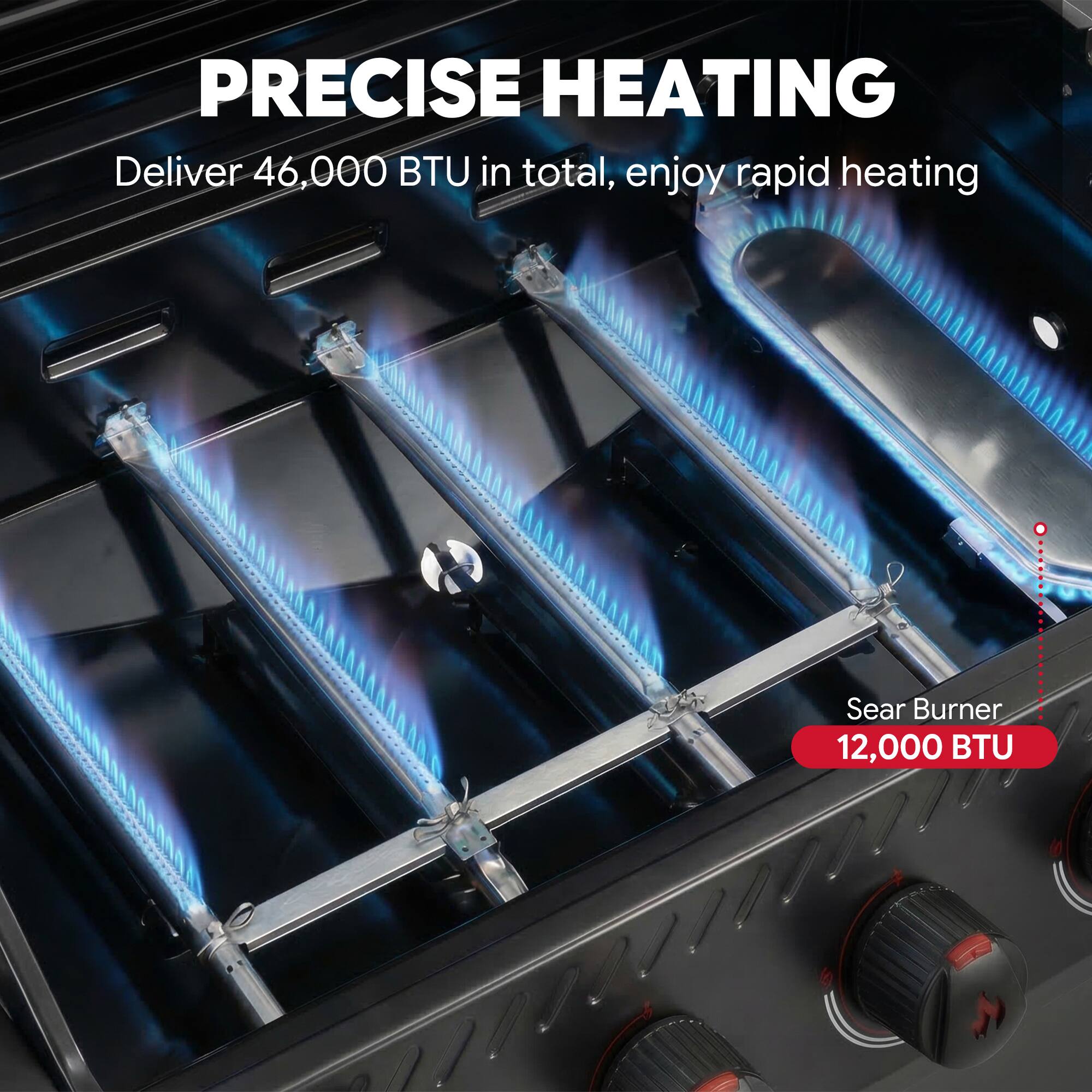 PRECISE HEATING  
Deliver 46,000 BTU in total, enjoy rapid heating  
Sear Burner 12,000 BTU