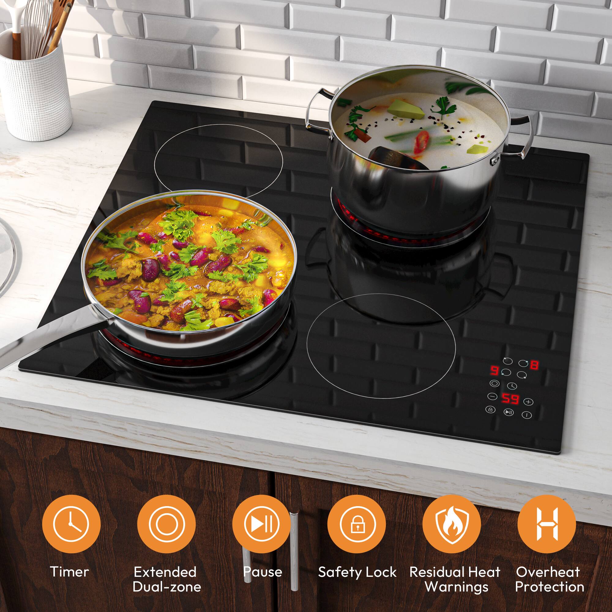 9:59 - II Timer, Extended Dual-zone, Pause, Safety Lock, Residual Heat Warnings, Overheat Protection