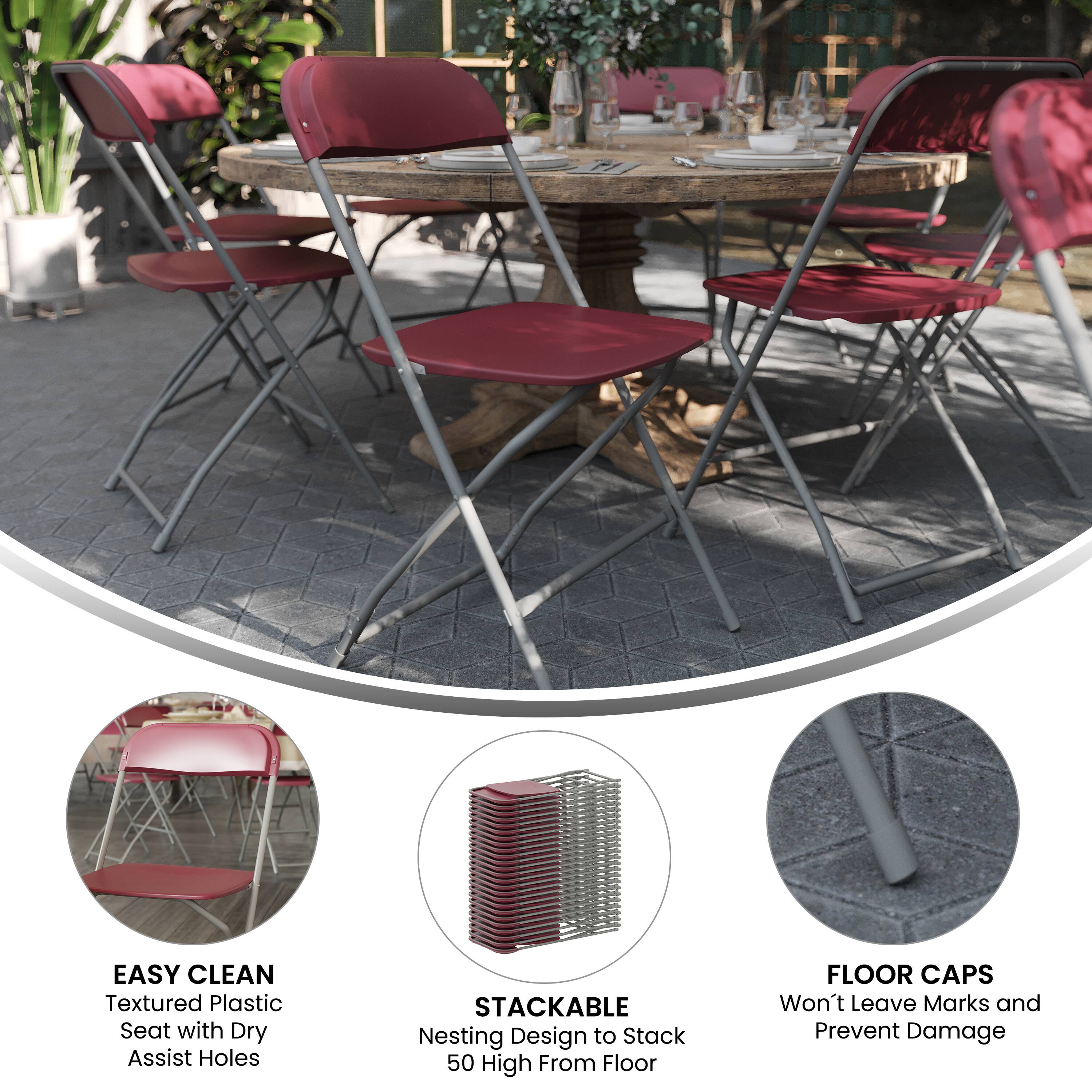 EASY CLEAN  
Textured Plastic Seat with Dry Assist Holes  

STACKABLE  
Nesting Design to Stack 50 High From Floor  

FLOOR CAPS  
Won't Leave Marks and Prevent Damage