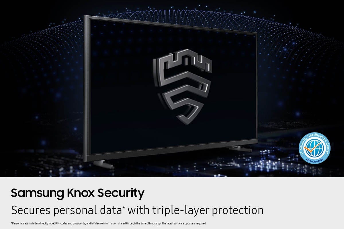 Certification Security Center. -IT C159-1291-2024 Samsung Knox Security secures personal data* with triple-layer protection. Personal data includes directly input PIN-codes and passwords, and IoT device information shared through the SmartThings app. The latest software update is required.