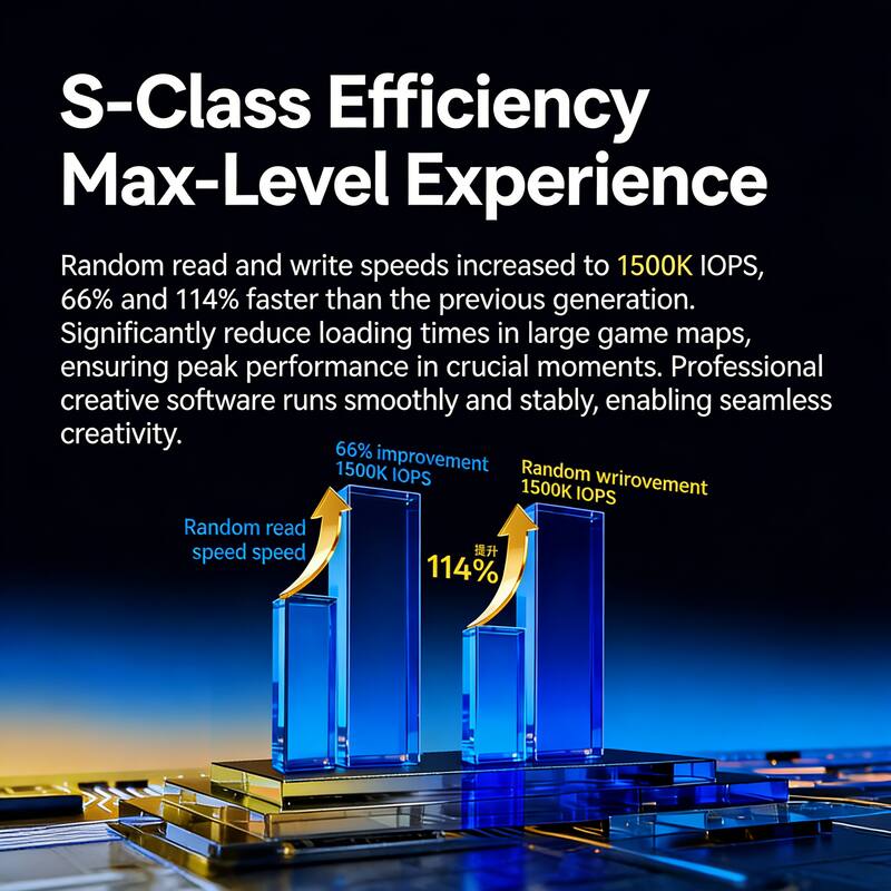 S-Class Efficiency Max-Level Experience

Random read and write speeds increased to 1500K IOPS, 66% and 114% faster than the previous generation. Significantly reduce loading times in large game maps, ensuring peak performance in crucial moments. Professional creative software runs smoothly and stably, enabling seamless creativity.

66% improvement  
1500K IOPS

Random read speed

114% improvement  
1500K IOPS

Random write speed