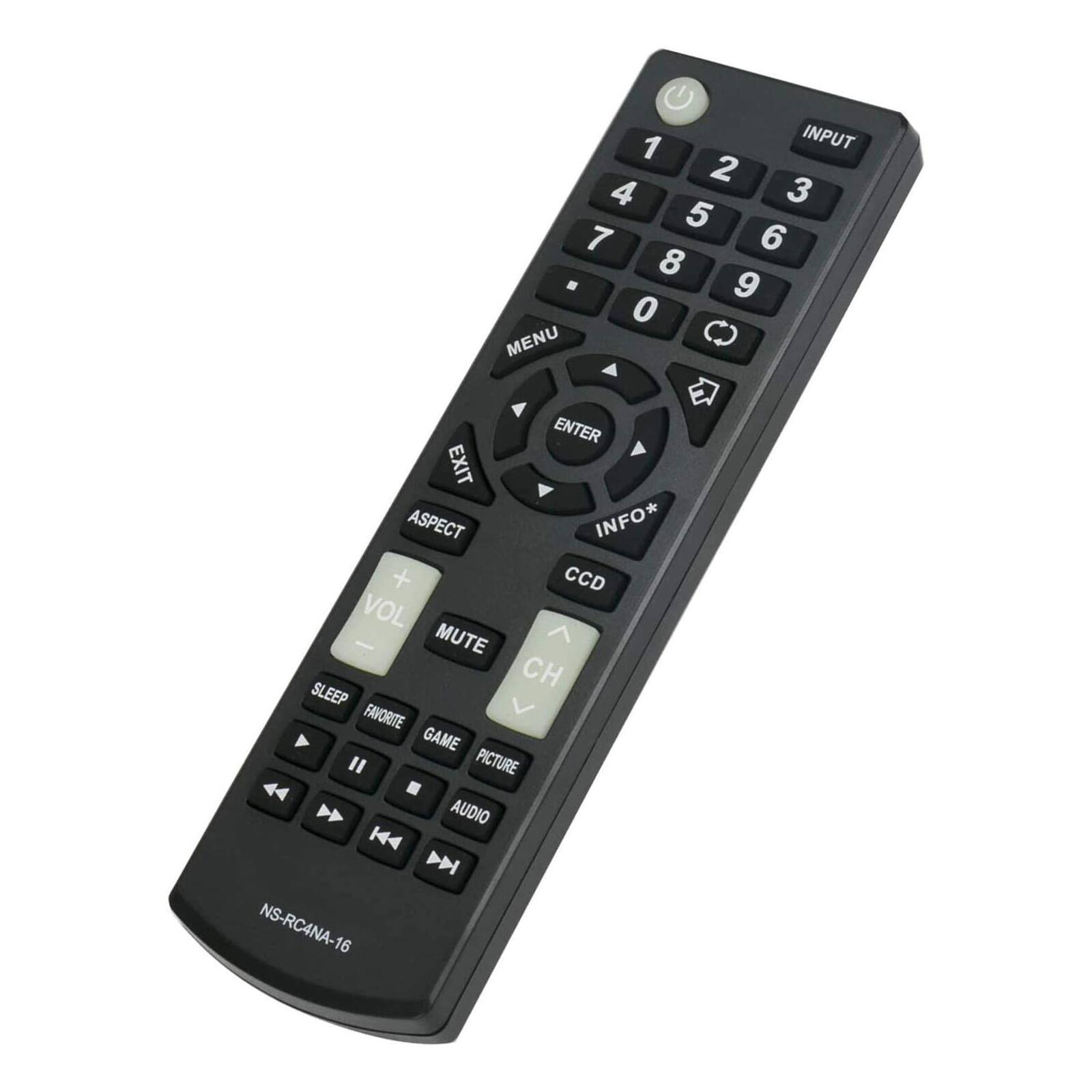 1 2 3 4 5 6 7 8 9 0 INPUT MENU ENTER EXIT ASPECT INFO* + VOL MUTE CH SLEEP FAVORITE GAME " PICTURE AUDIO K4 D NS-RC4NA-16
