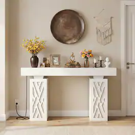 Aheaplus - 47'' Farmhouse Console Table with Charging Station and LED Lights - White