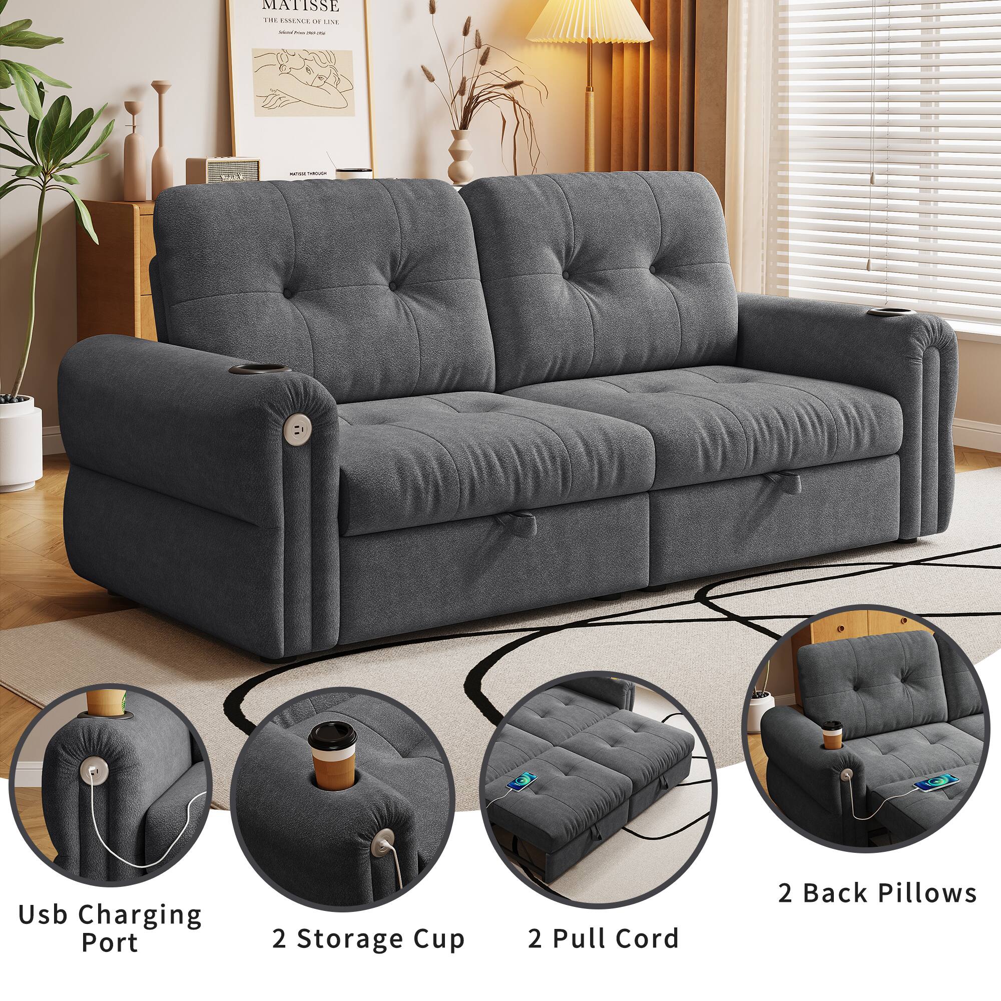 MATISSE THE AALME

- Usb Charging Port
- 2 Storage Cup
- 2 Pull Cord
- 2 Back Pillows