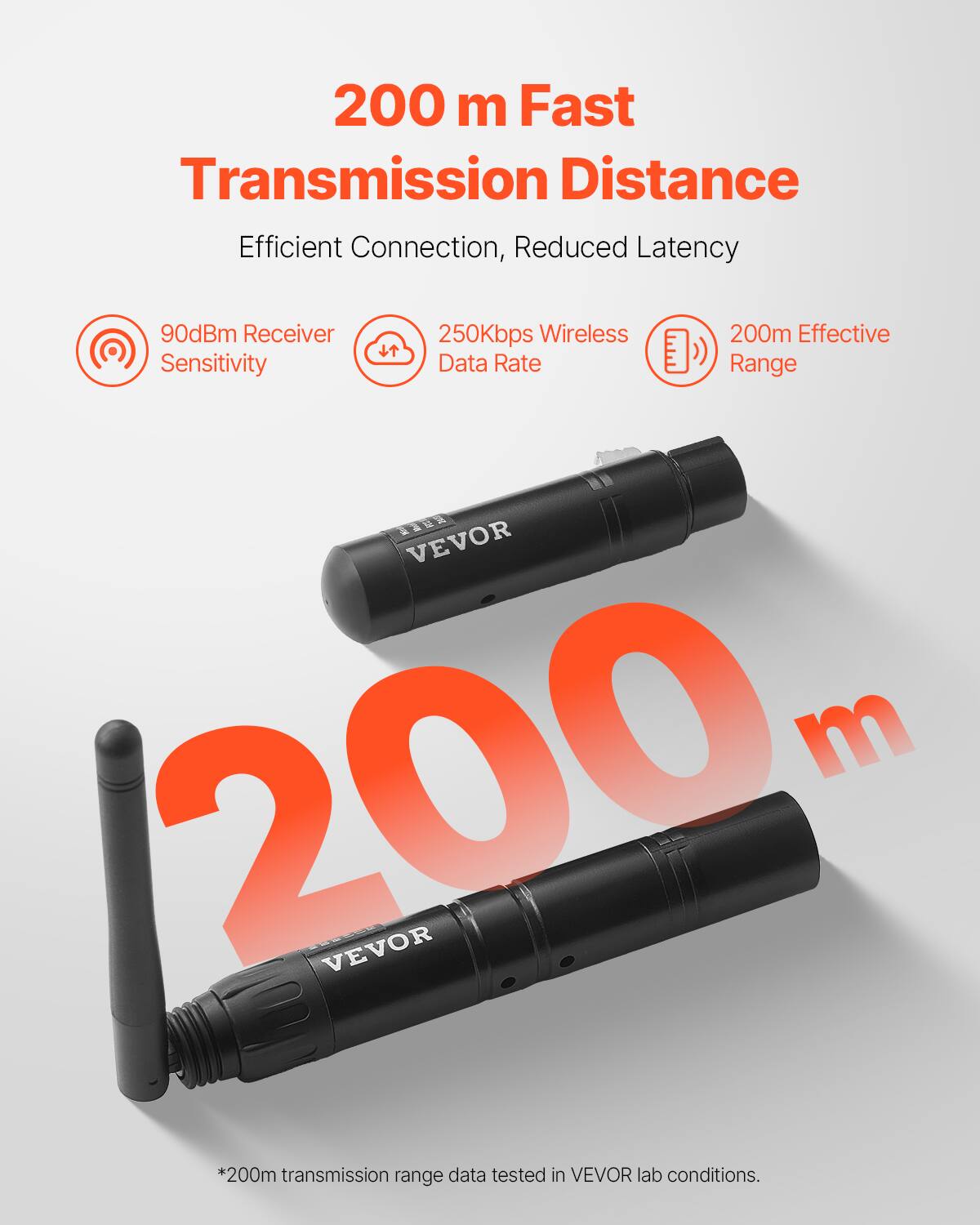 200 m Fast Transmission Distance  
Efficient Connection, Reduced Latency  

90dBm Receiver Sensitivity  
250Kbps Wireless Data Rate  
200m Effective Range  

*200m transmission range data tested in VEVOR lab conditions.