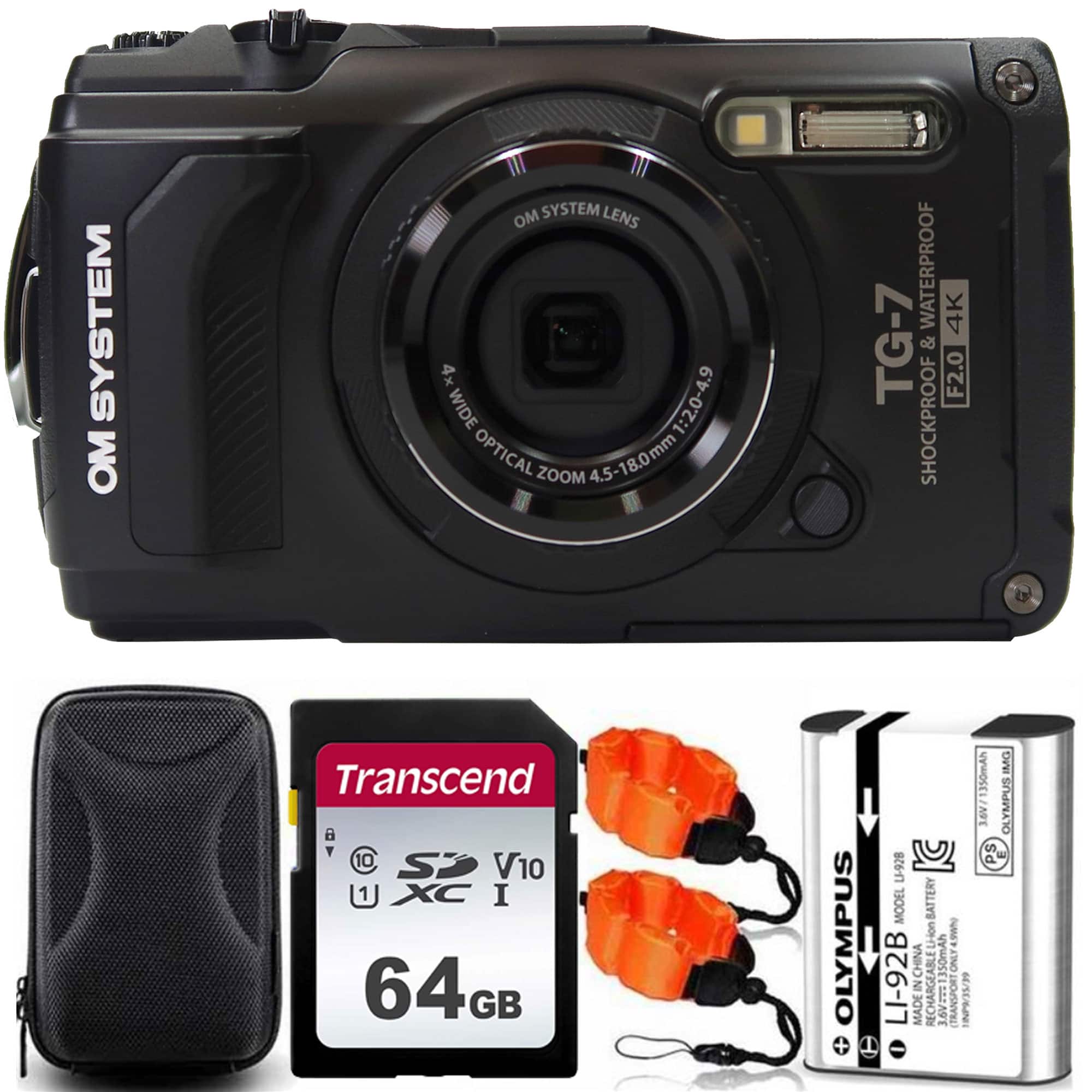 OM System - Tough TG-7 Digital Camera with 64GB Memory Card Accessory Bundle - Black