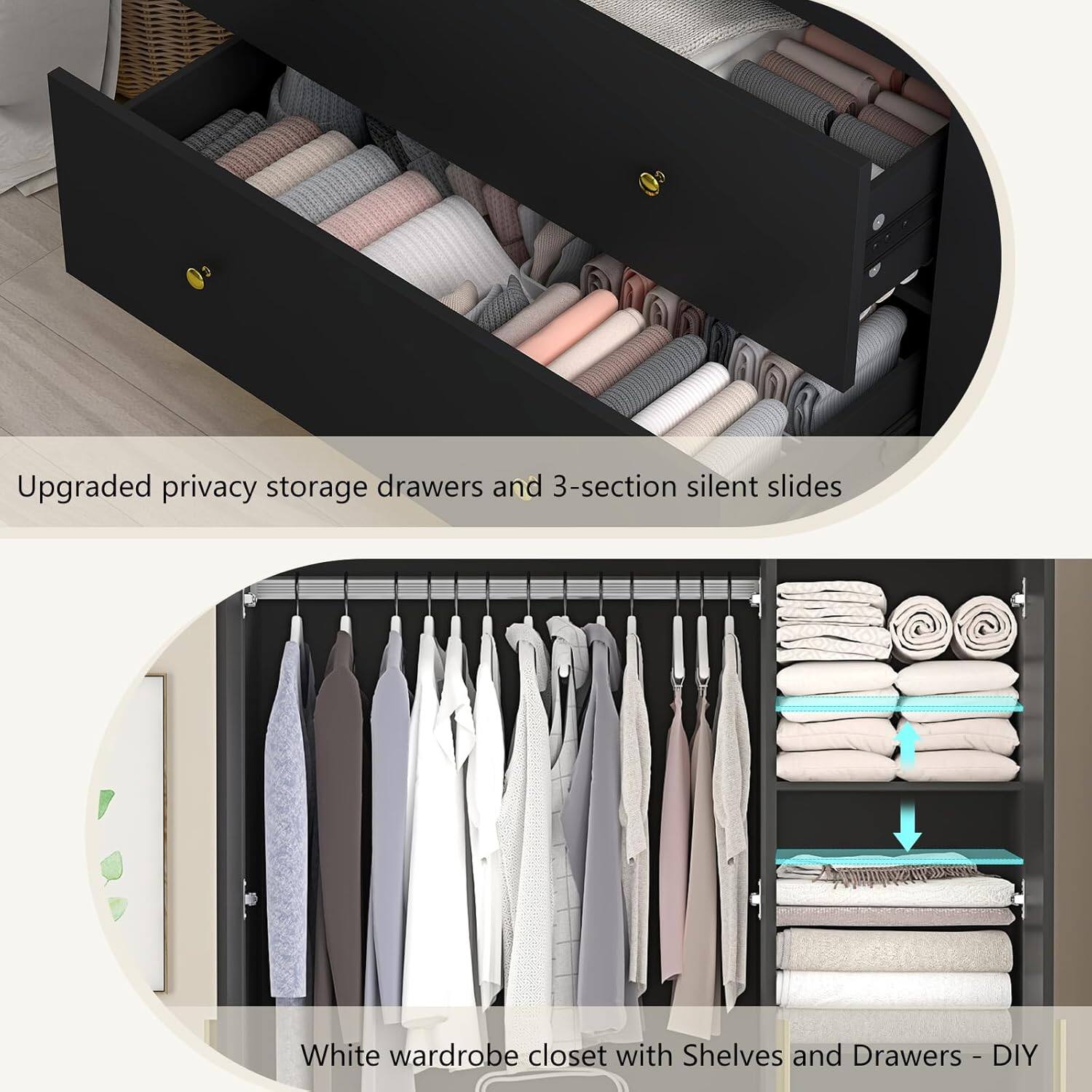 Upgraded privacy storage drawers and 3-section silent slides

White wardrobe closet with Shelves and Drawers - DIY