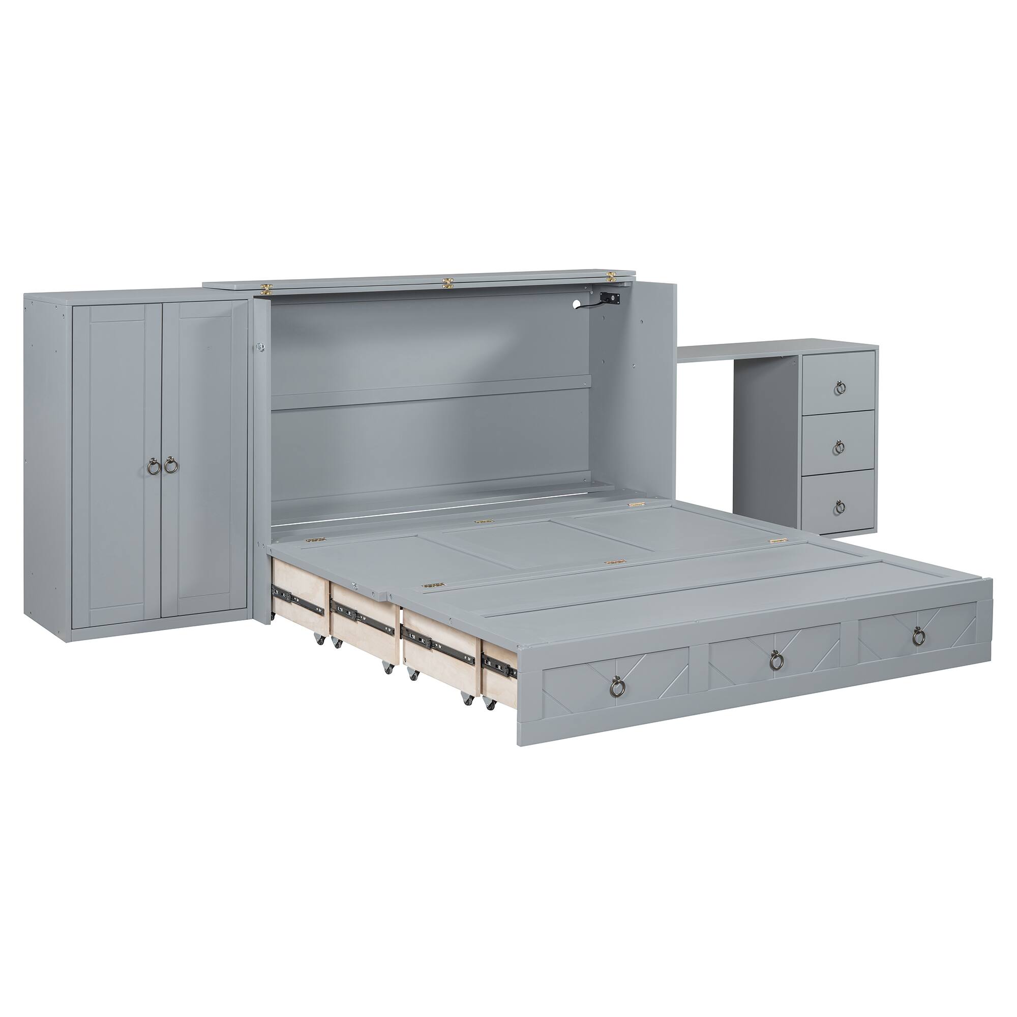 Alt View 10. Tiramisubest - Queen Size Murphy Bed with USB, Drawer, Wardrobe/Desk - Gray Wood+MDF Cabinet Bed - Gray.