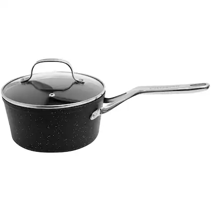 Front. THE ROCK by Starfrit - Saucepan with Glass Lid and Stainless Steel Handles 3 Qt. - Black.